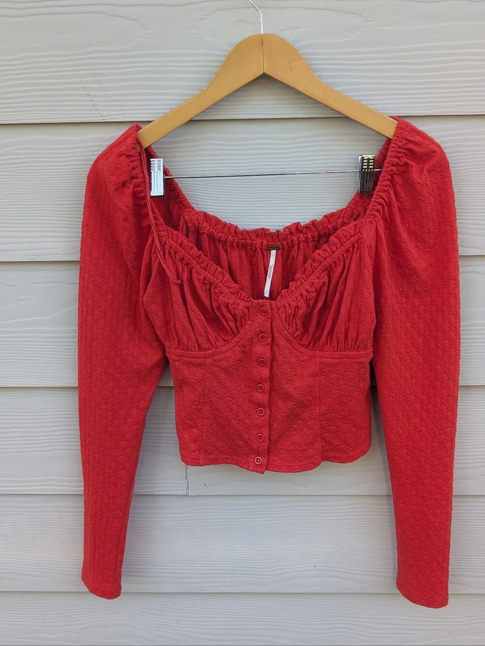 Free People Top Size S Red Babydoll Cropped Summer Long Sleeve Corset Cotton